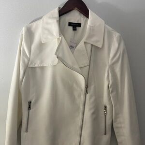Ann Taylor Cream Asymmetrical Zip Leather Jacket